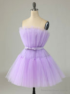 Purple Strapless Tulle Knee Length Party Dress, A-Line Homecoming Dress