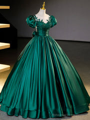 Green Satin Lace Floor Length Formal Dress, Short Sleeve A-Line Evening Dress