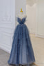 Blue Tulle Layers Straps Beaded Long Prom Dresses, A-Line Evening Dresses