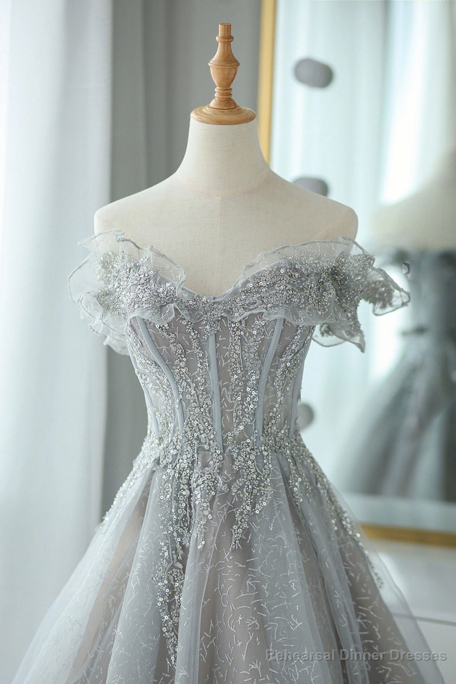 Gray Tulle Sequins Long Prom Dress, Off the Shoulder Evening Dress Secondary image