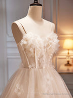 Champagne Spaghetti Strap Party Dress, Cute A-Line Evening Dress Homecoming Dress