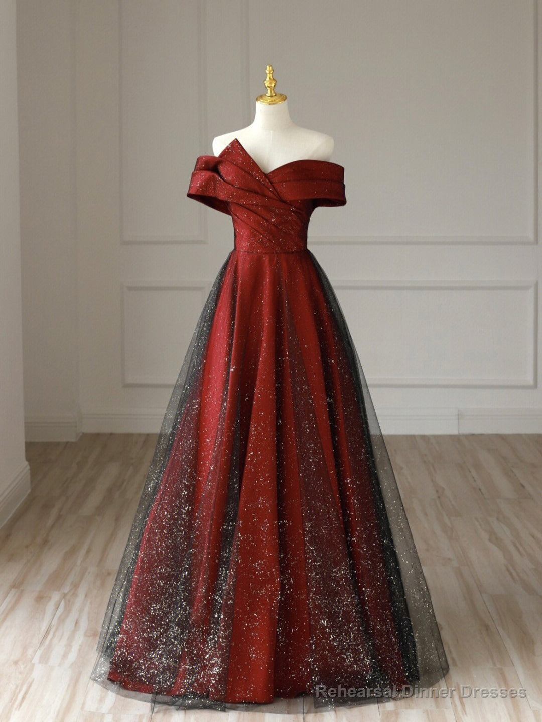 Burgundy Satin Long V-Neck Prom Dress, Off the Shoulder Party Dress Main image