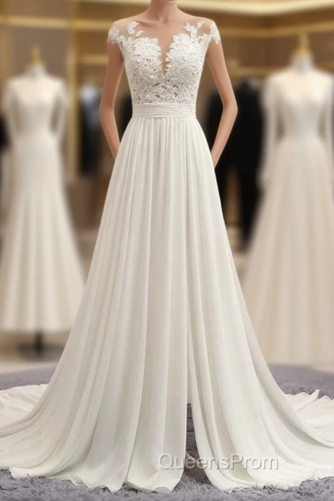 Long A-line Appliques Lace Chiffon Wedding Dress with Slit Main image