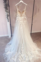 Long A-Line Appliques Lace Spaghetti Straps Sweetheart Tulle Wedding Dress