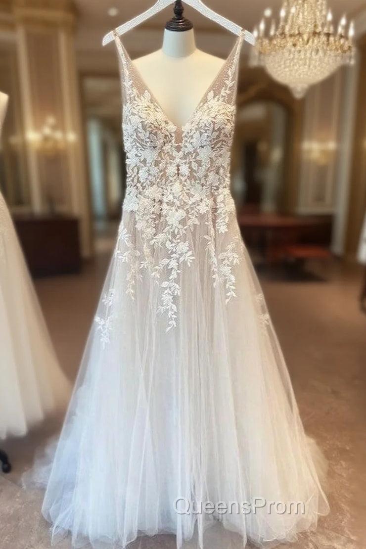 Long A-Line Appliques Lace Spaghetti Straps Sweetheart Tulle Wedding Dress Main image