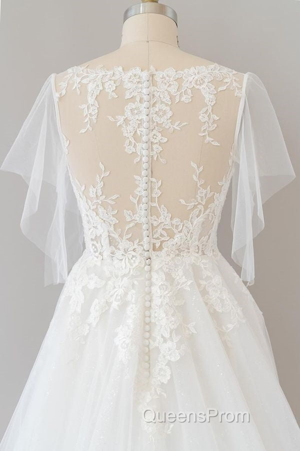 Long A-line Appliques Lace Tulle Wedding Dress with Sleeves