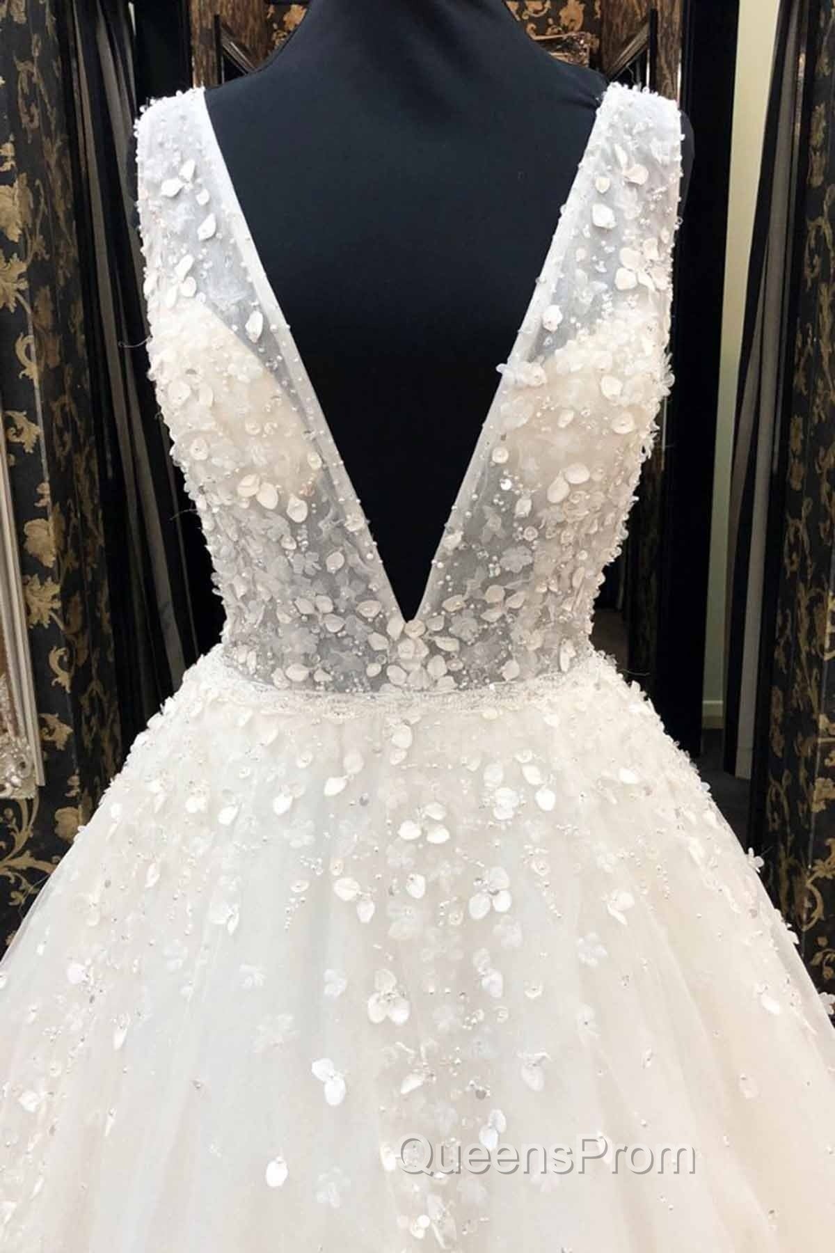 Long A-Line Deep V Neck Tulle Wedding Dress Secondary image