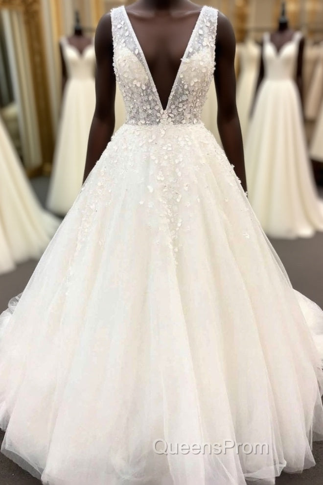 Long A-Line Deep V Neck Tulle Wedding Dress Main image