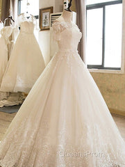 Long A-line Off Shoulder Court Train Lace Tulle Wedding Dress with Sleeves