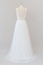 Long A-line Open Back V-neck Lace Tulle Wedding Dress