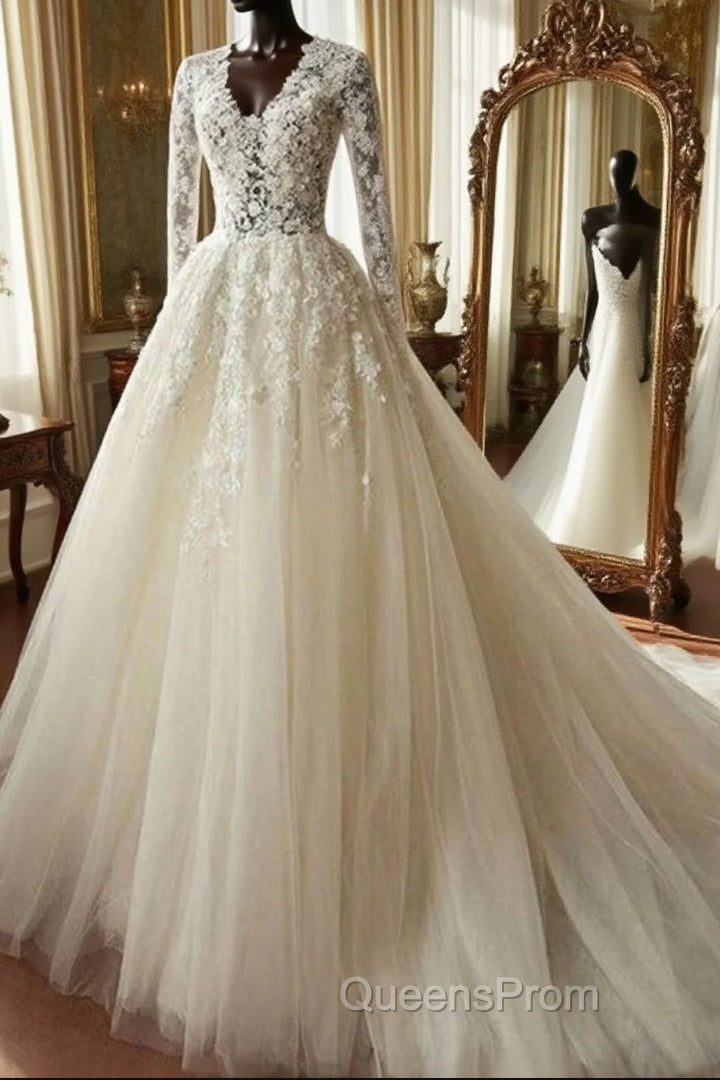 Long A-line Organza Lace Wedding Dress with Sleeves Main image