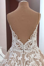 Long A-Line Sequin Tulle Spaghetti Straps Appliques Lace Wedding Dress