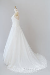 Long A-line Spaghetti Strap Applique Tulle Backless Wedding Dress