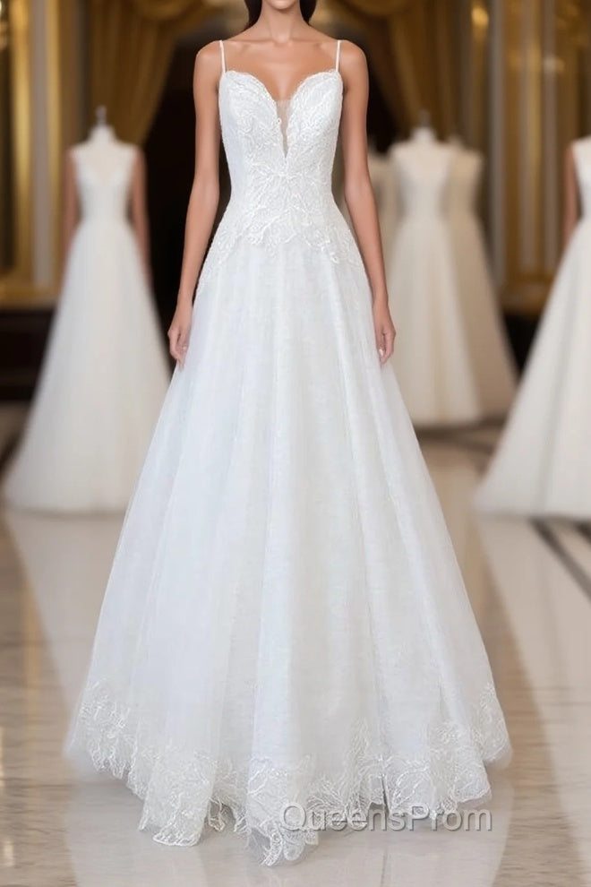 Long A-line Spaghetti Strap Applique Tulle Backless Wedding Dress Main image