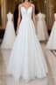 Long A-line Spaghetti Strap Applique Tulle Backless Wedding Dress