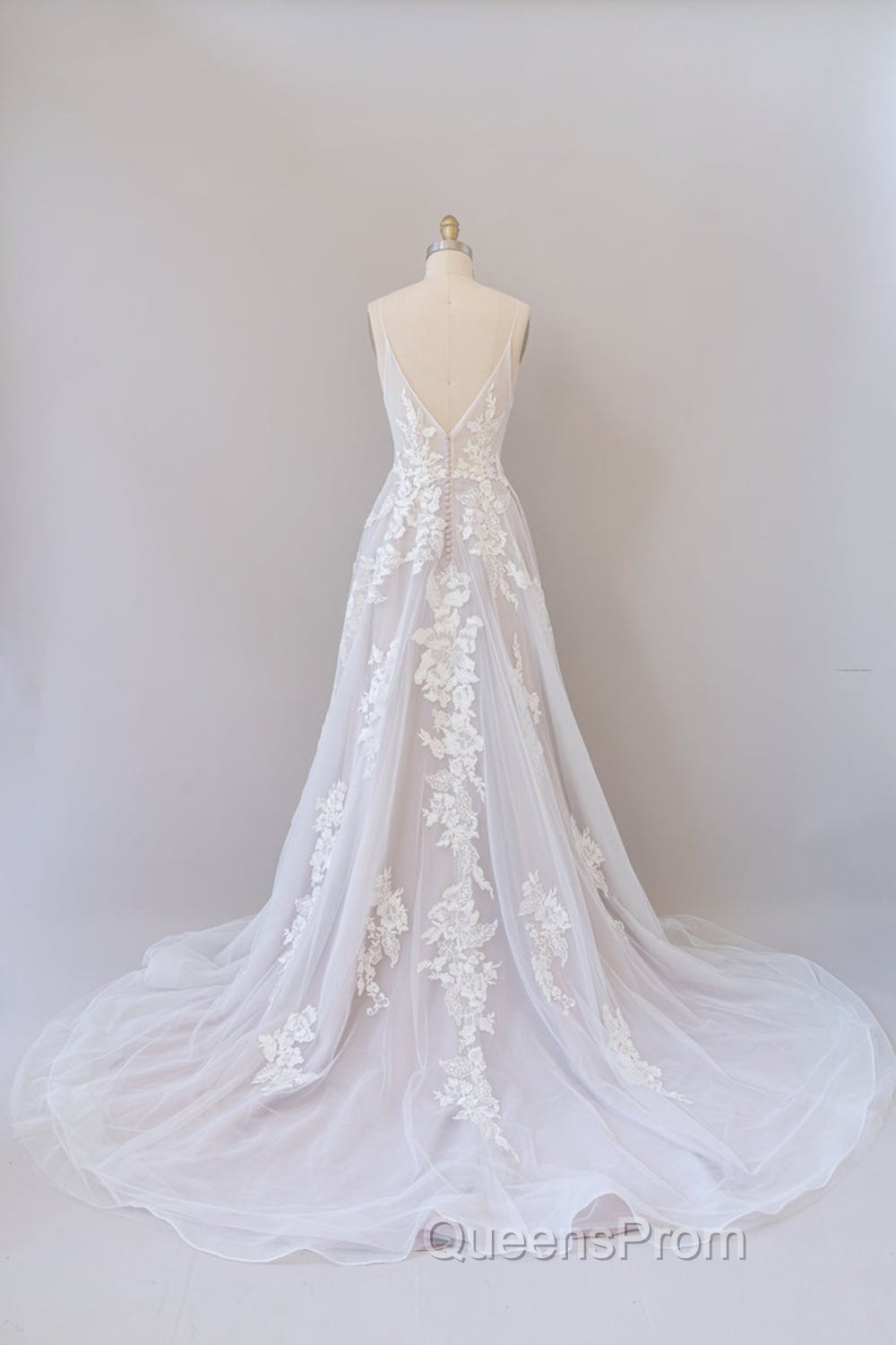 Long A-line Spaghetti Strap Lace Appliques Tulle Backless Wedding Dress Secondary image