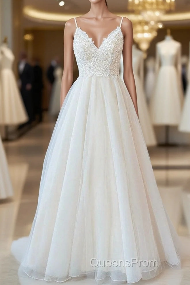 Long A-line Spaghetti Strap Lace Tulle Backless Wedding Dress Main image