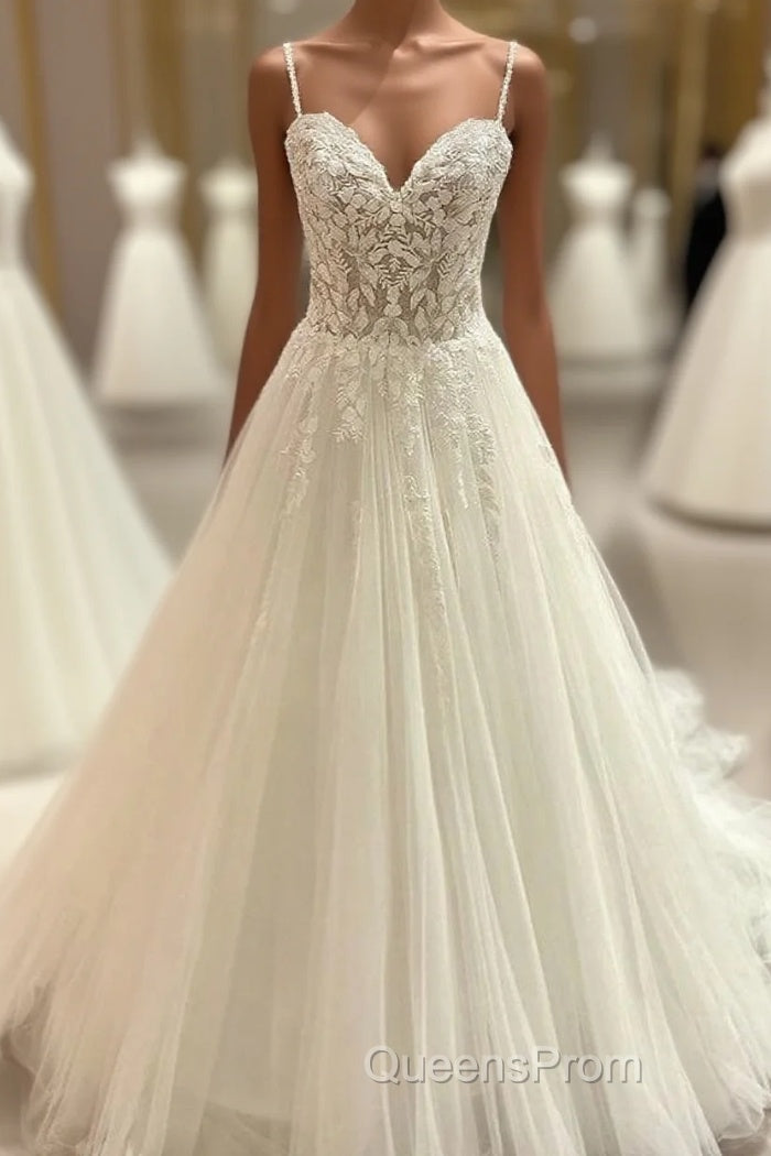 Long A-Line Spaghetti Straps Sweetheart Floral Lace Tulle Wedding Dress Main image