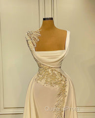 Long A-Line Square Neckline Satin Ivory Evening Prom Dress With Slit