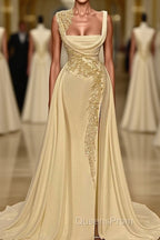 Long A-Line Square Neckline Satin Ivory Evening Prom Dress With Slit