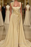 Long A-Line Square Neckline Satin Ivory Evening Prom Dress With Slit