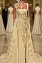 Long A-Line Square Neckline Satin Ivory Evening Prom Dress With Slit