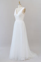 Long A-line Straps V-neck Chiffon Open Back Wedding Dress