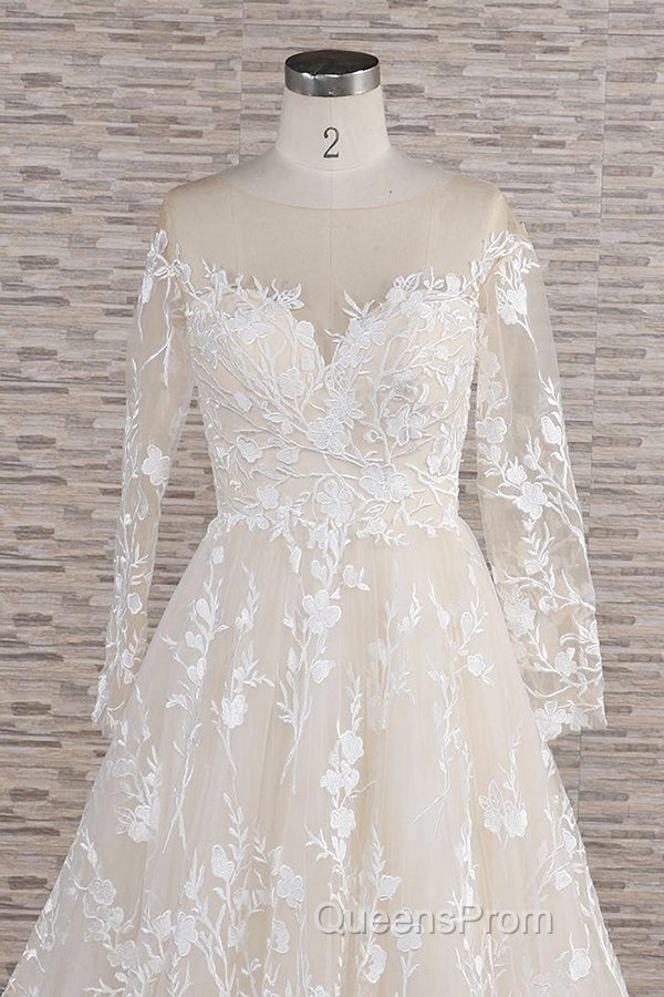 Long A-line Sweetheart Applqiues Tulle Wedding Dress with Sleeves
