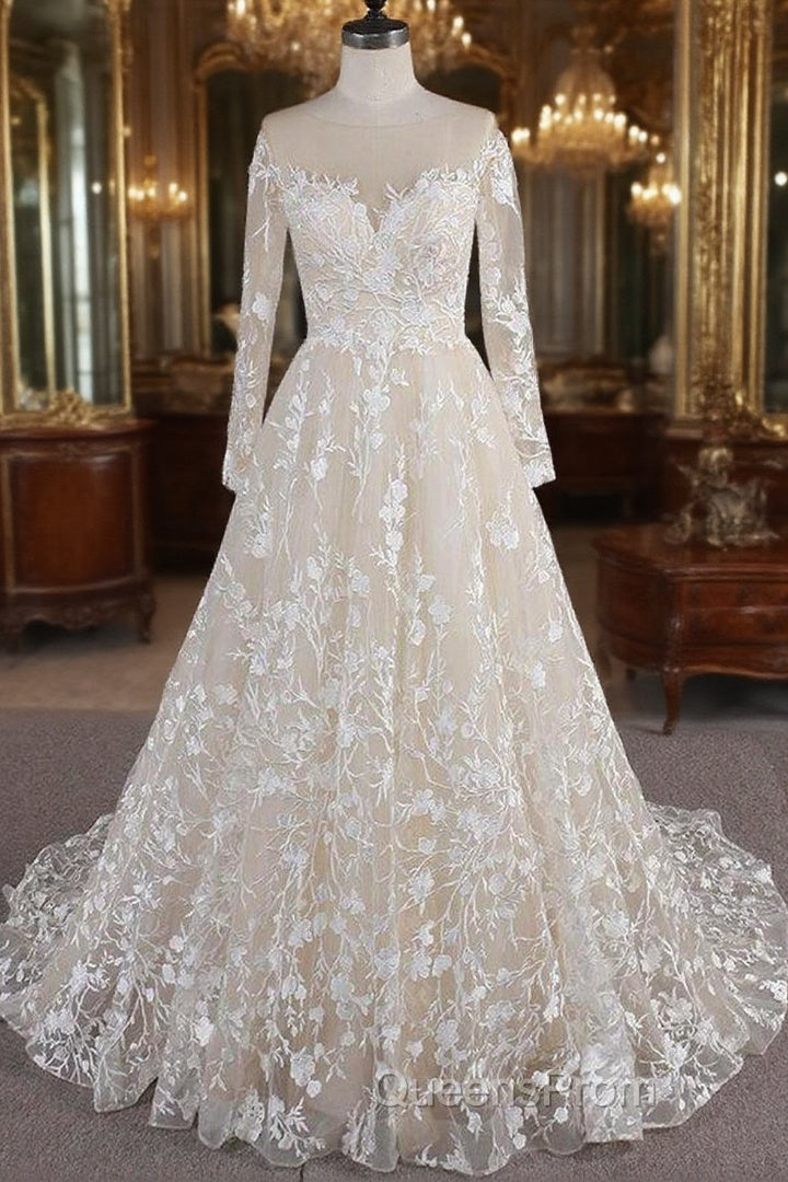 Long A-line Sweetheart Applqiues Tulle Wedding Dress with Sleeves Main image