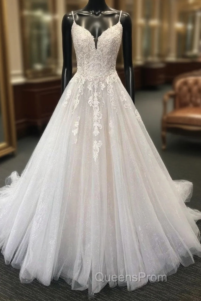 Long A-line Sweetheart Tulle Lace Spaghetti Straps Wedding Dress Main image