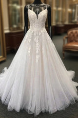 Long A-line Sweetheart Tulle Lace Spaghetti Straps Wedding Dress