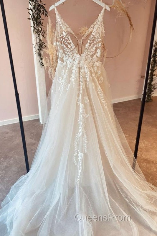 Long A-Line Tulle Appliques Lace Spaghetti Straps V-neck Backless Wedding Dress Secondary image