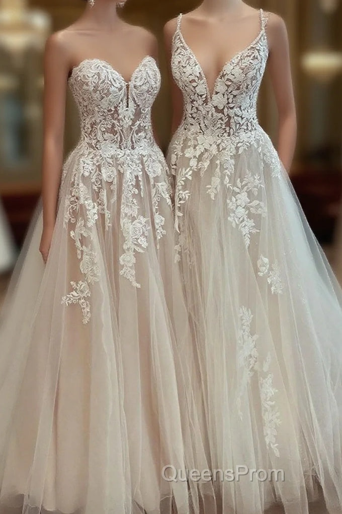Long A-Line Tulle Lace Appliques Backless Wedding Dress