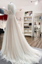 Long A-line Tulle Open Back Halter Sleeveless Lace Wedding Dress