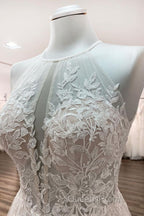 Long A-line Tulle Open Back Halter Sleeveless Lace Wedding Dress