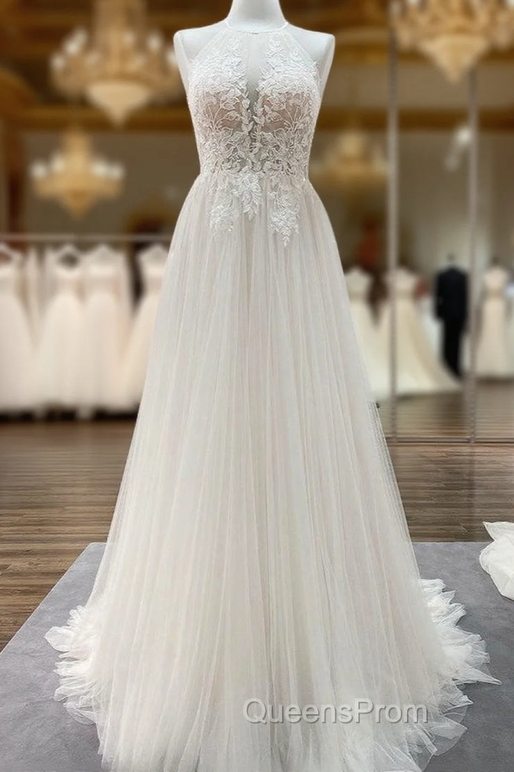 Long A-line Tulle Open Back Halter Sleeveless Lace Wedding Dress Main image