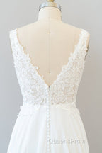 Long A-line V-neck Appliques Lace Chiffon Wedding Dress