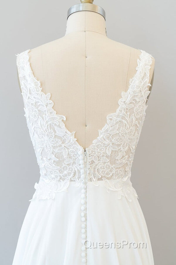 Long A-line V-neck Appliques Lace Chiffon Wedding Dress