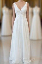 Long A-line V-neck Appliques Lace Chiffon Wedding Dress