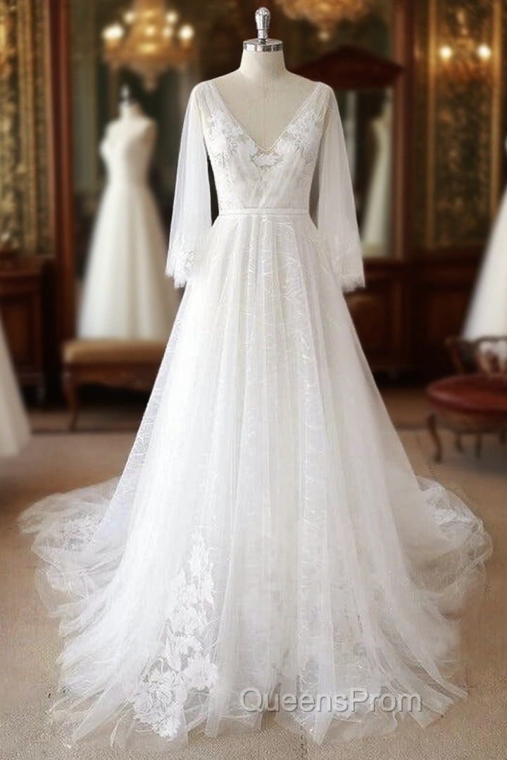 Long A-line V-neck Appliques Lace Tulle Backless Wedding Dress with Sleeves Main image