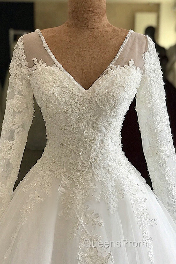 Long A-line V-neck Appliques Lace Tulle Wedding Dress with Sleeves Secondary image