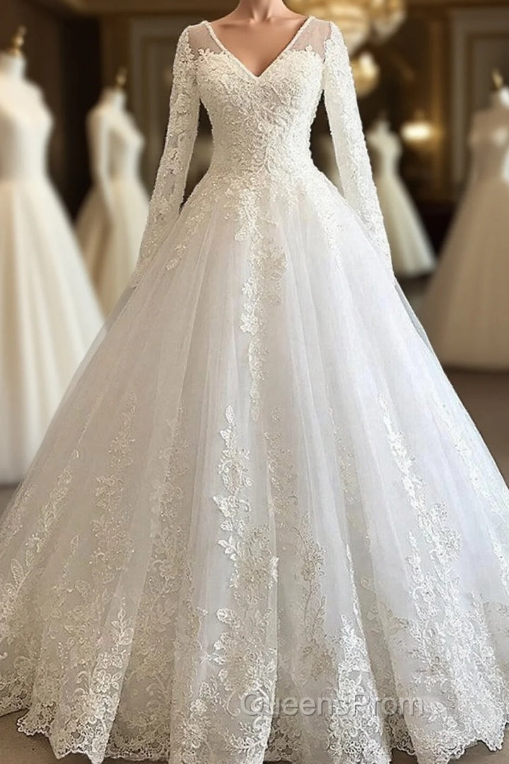 Long A-line V-neck Appliques Lace Tulle Wedding Dress with Sleeves Main image