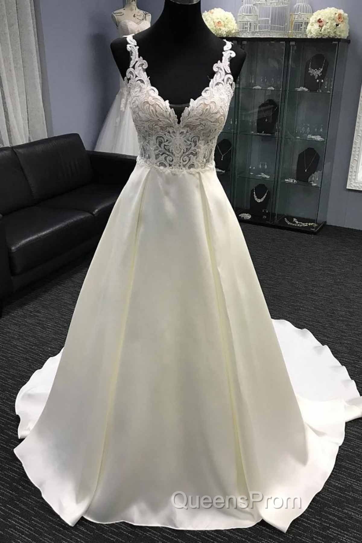 Long A-Line V Neck Halter Satin Wedding Dress Secondary image