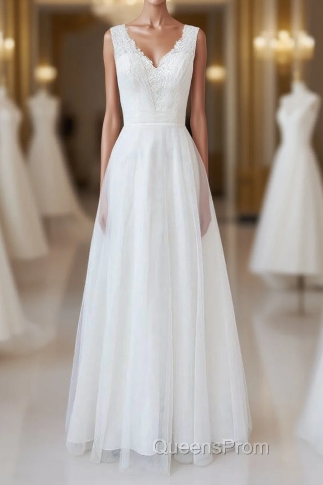 Long A-line V-neck Lace Tulle Backless Wedding Dress Main image