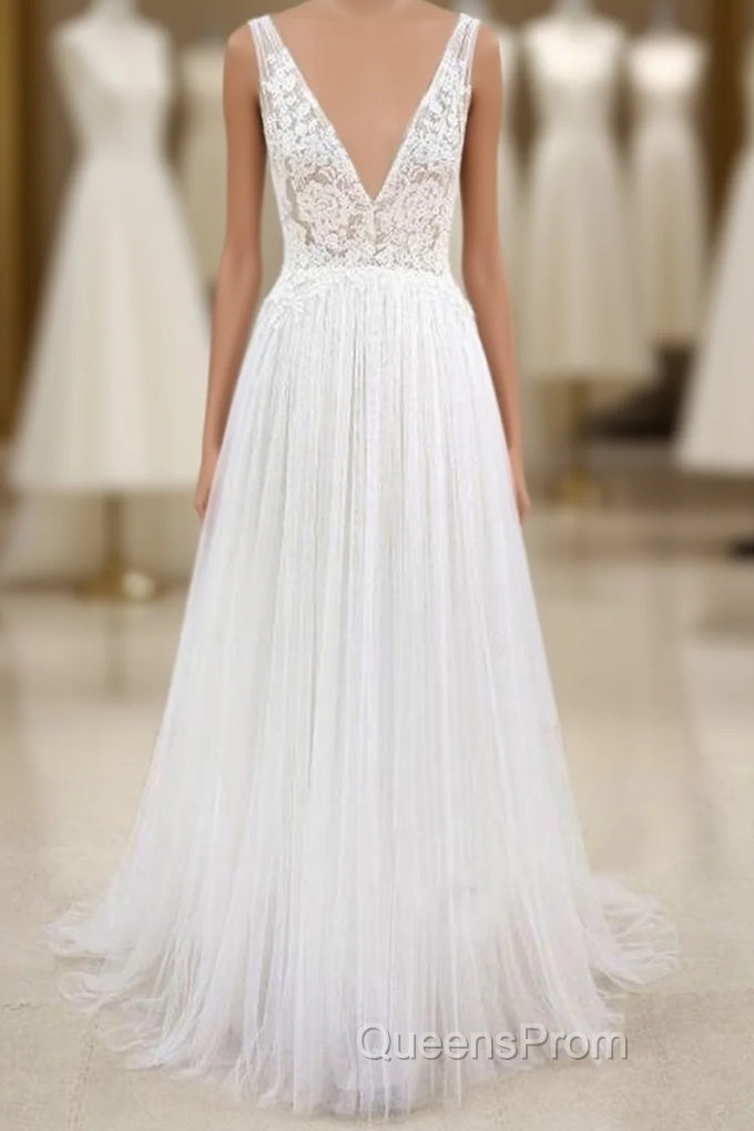 Long A-line V-neck Lace Tulle Open Back Wedding Dress Main image