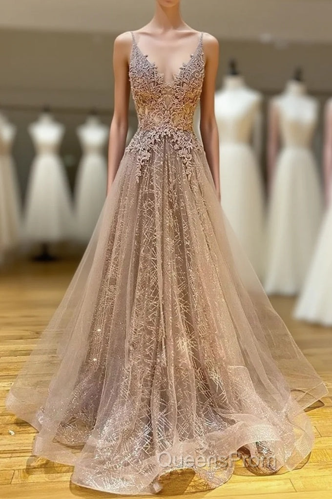 Long A-line V-neck Lace Tulle Evening Prom Formal Graduation Evening Dress Main image