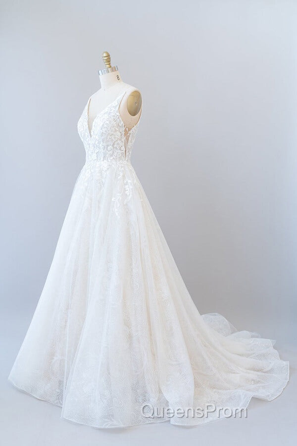 Long A-line V-neck Open Back Appliques Lace Tulle Wedding Dress Secondary image