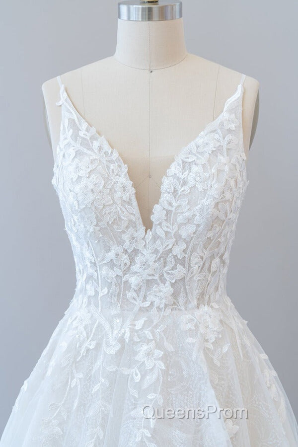 Long A-line V-neck Open Back Appliques Lace Tulle Wedding Dress