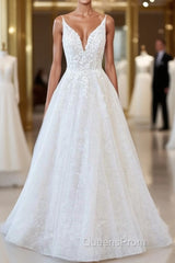 Long A-line V-neck Open Back Appliques Lace Tulle Wedding Dress