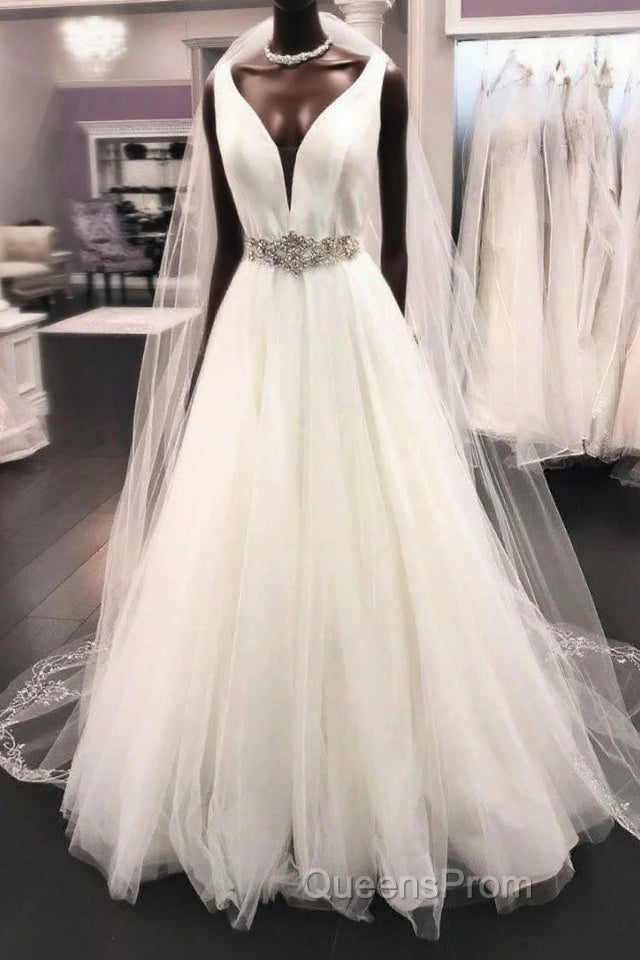 Long A-line V Neck Satin Tulle Wedding Dress Main image